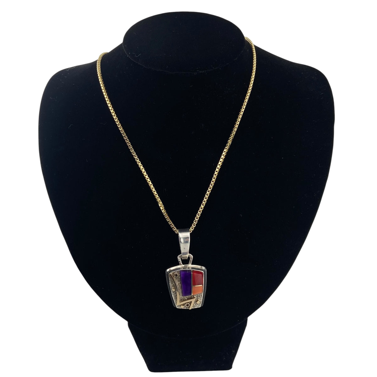 Duane Maktima Hopi 14kt Gold, Sterling Silver Multi Stone Inlay Pendant