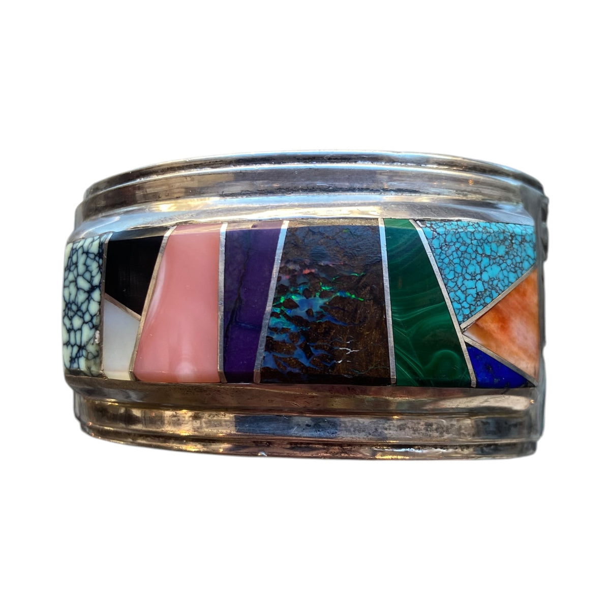 Frank Carillo sterling silver cuff, boulder opal, lapis, spiny osyter shell, onyx, mother of pearl