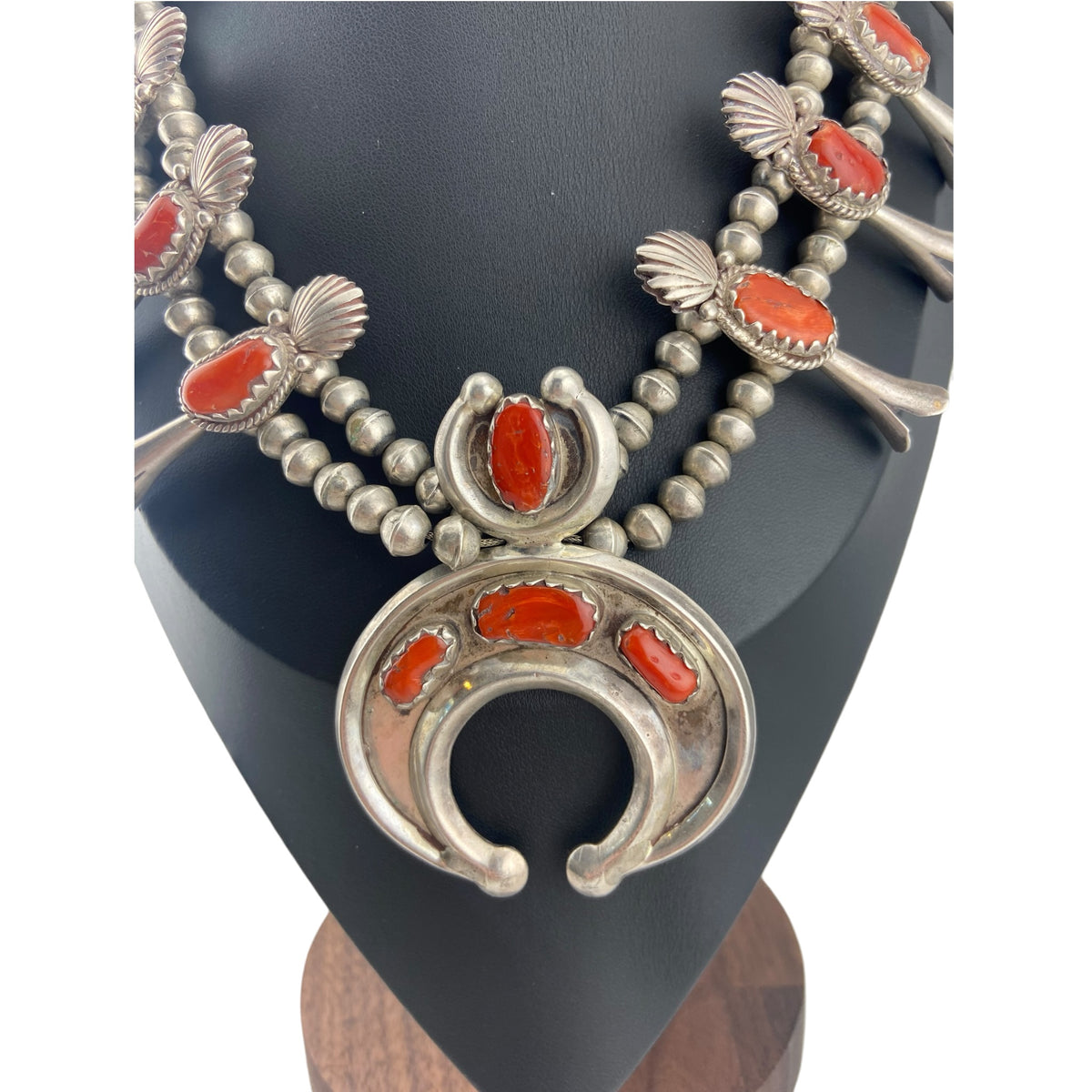 Vintage Navajo Coral Squash Blossom Necklace circa 1970