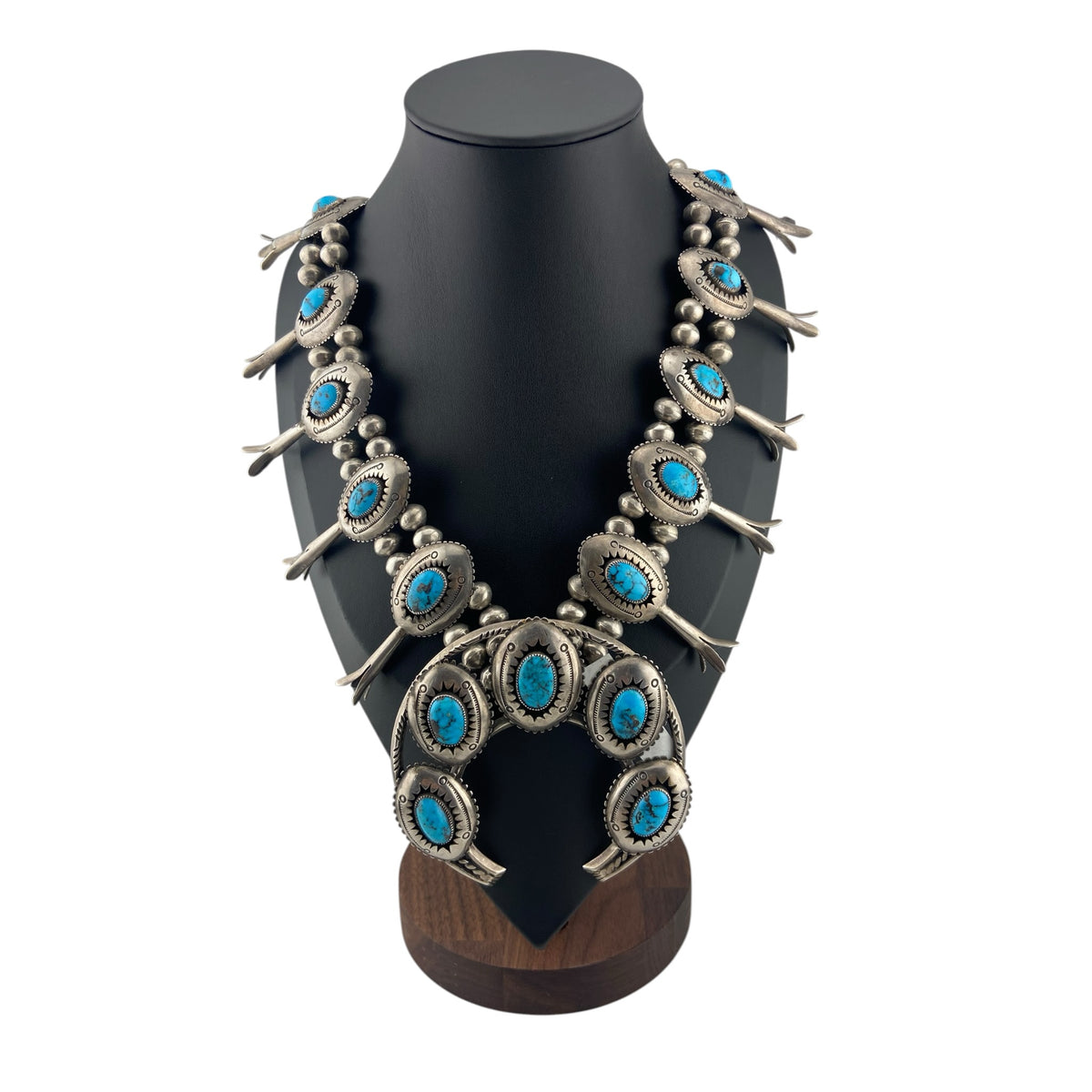 vintage squash blossom, shadowbox, turquoise, sterling silver, navajo
