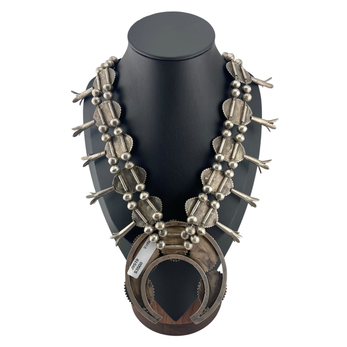 Vintage Navajo Sterling Silver and Turquoise Shadowbox Squash Blossom Necklace