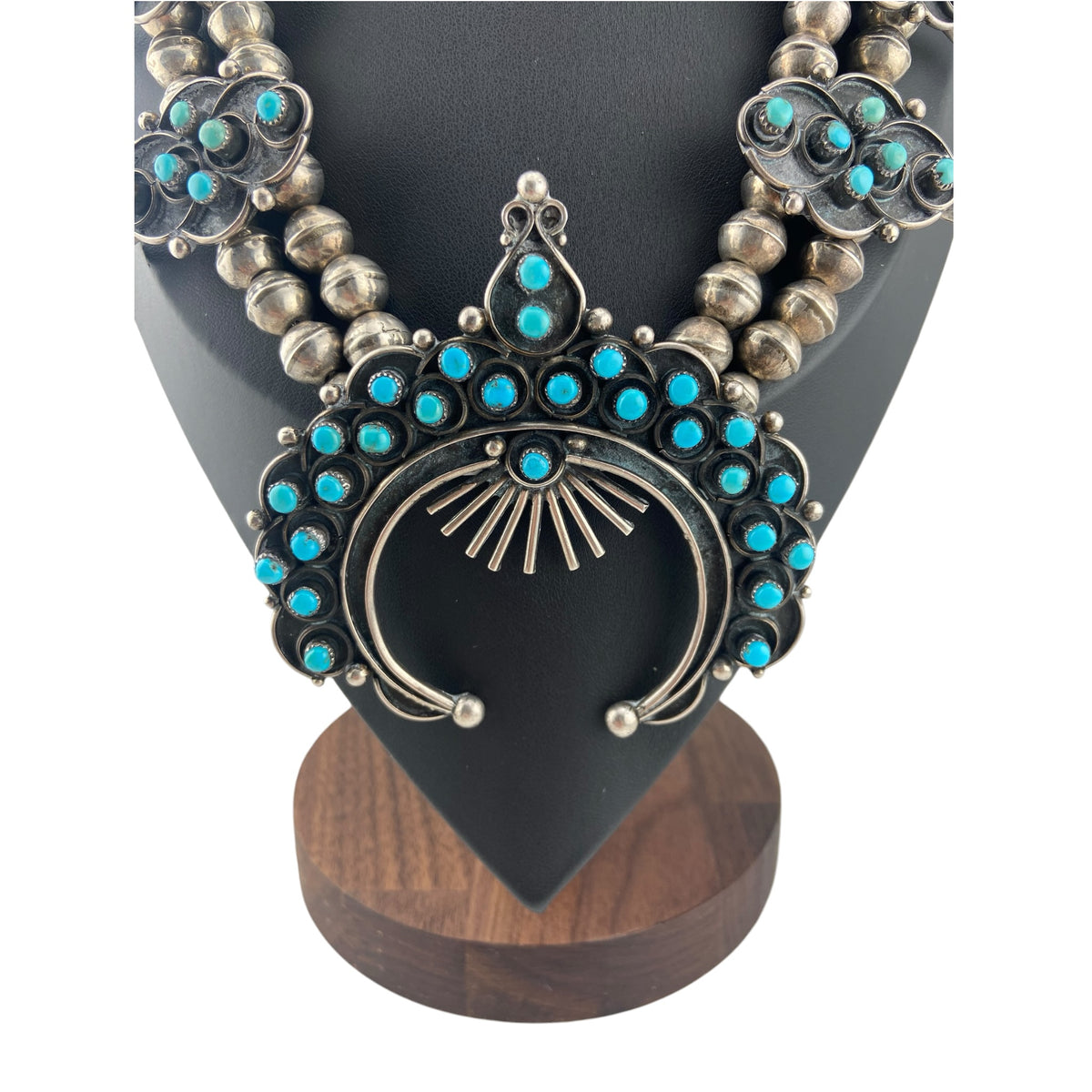 Vintage Navajo Squash Blossom w/Snake Eye Turquoise Cabachons circa 1970