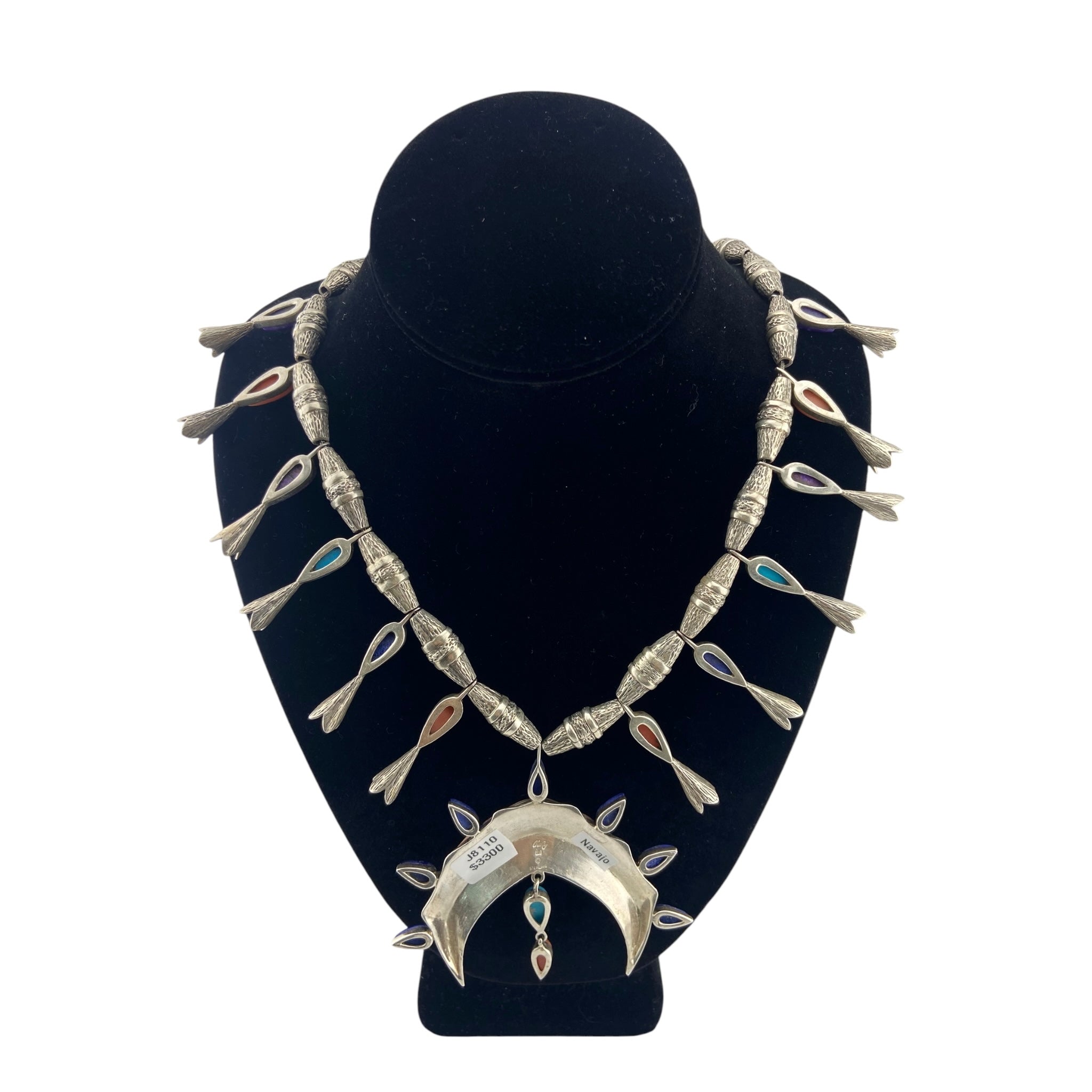 Ray Chas Coral, Lapis, Turquoise, Sugilite Barrel Beaded Squash Blossom