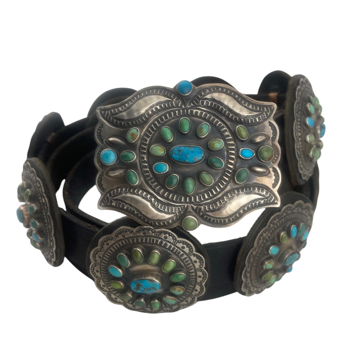 turquoise, geraldine yazzie, sterling silver concho belt, black leather