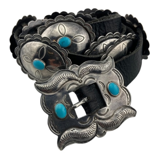 concho belt, vintage navajo, sterling silver, turquoise, telluride jewelry store, navajo jewelry for sale
