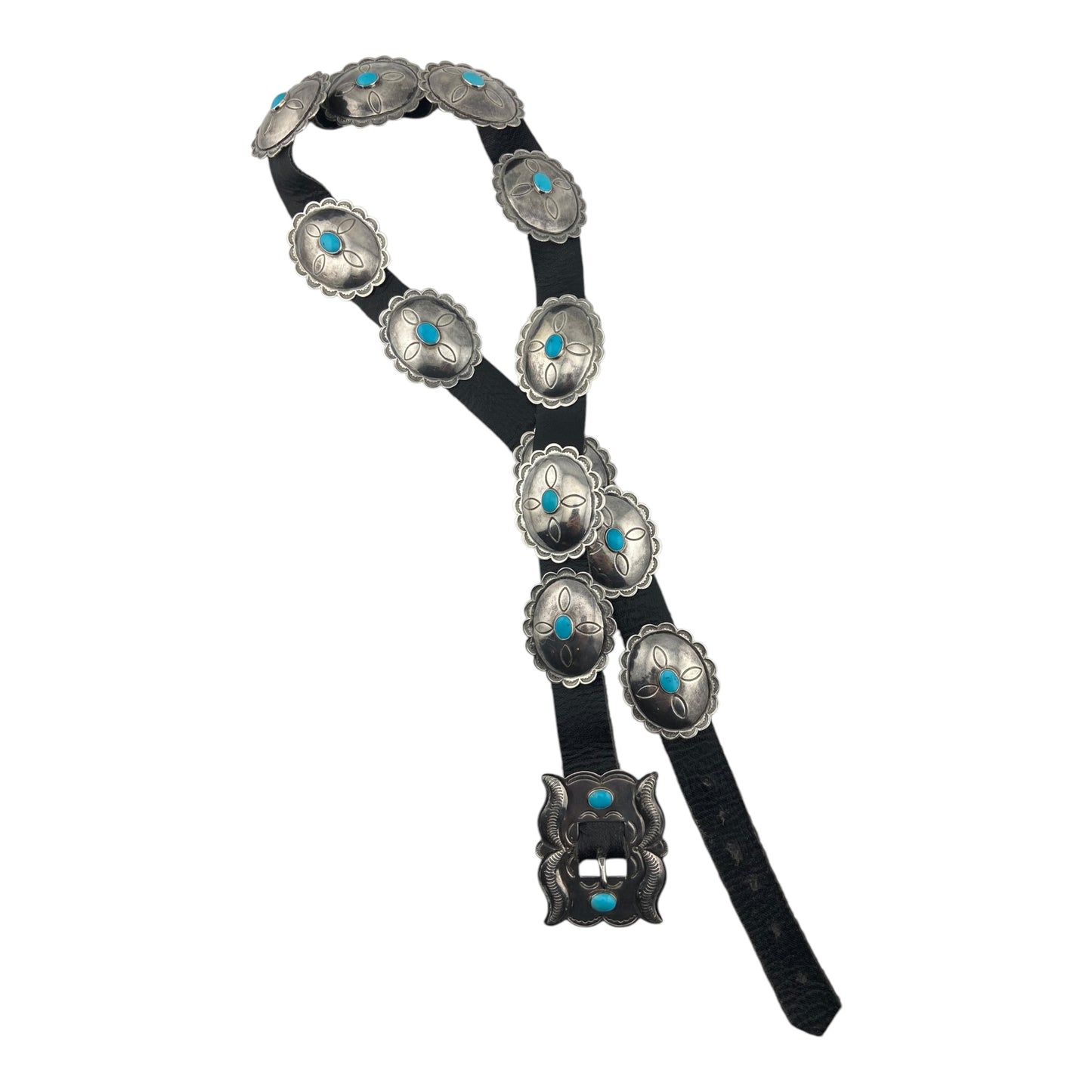 Vintage Navajo Concho Belt With Turquoise Center