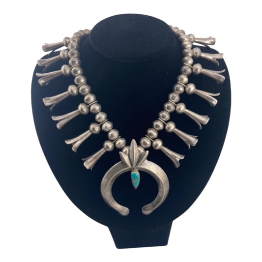 Vintage Navajo Single Turquoise Squash Blossom, silver necklace for sale, statement necklace, native american jewelry for sale, navajo pearls, navajo jewelry, jewelry store in telluride,