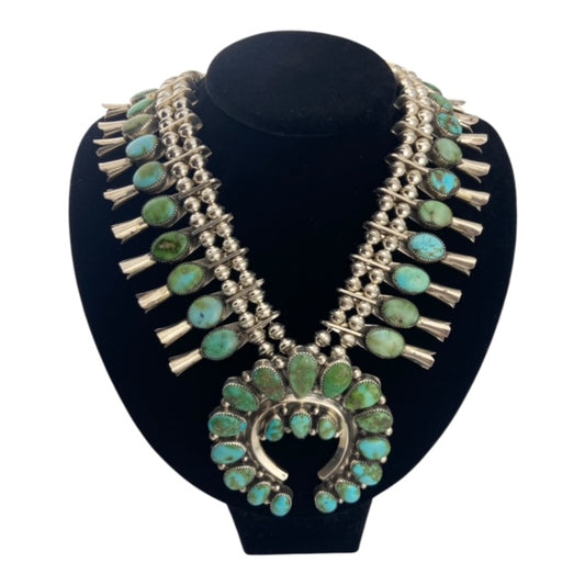 Joelias Draper Sonoran Gold Navajo Squash Blossom, navajo jewelry for sale, turquoise jewelry for sale, jewelry store in Telluride, art gallery telluride, indian jewelry for sale