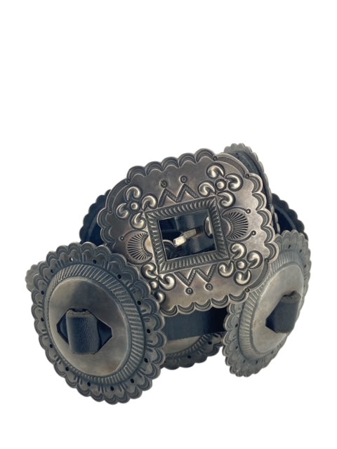 navajo concho belt, sterling silver, leather, vintage, native american, jewelry store telluride, Harry Morgan, navajo jewelry for sale