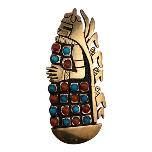 14 karat gold, turquoise, coral, pin, hopi jewelry, native american jewelry, jewelry store telluride, Watson Honanie jewelry