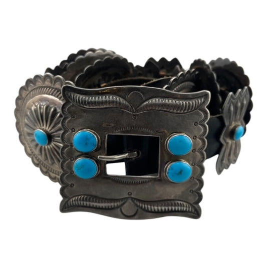 Navajo Vintage Concho belt, navajo, native american, sterling silver, turquoise, jewelry store telluride, Roger Skeet