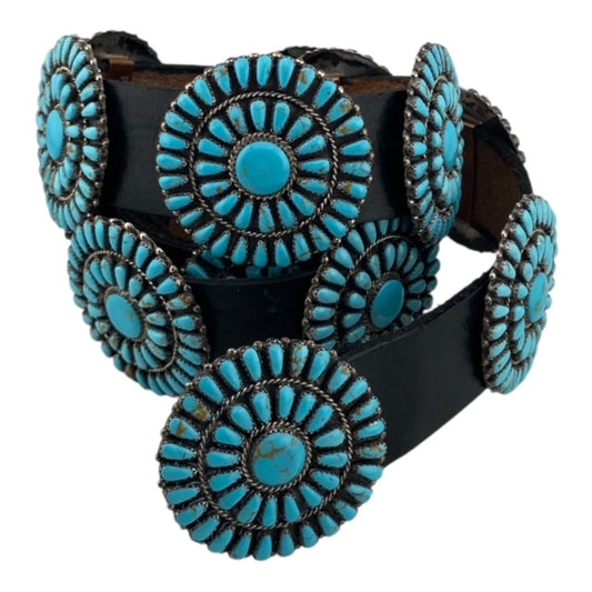 turquoise, concho belt, vintage navajo, leather belt, telluride jewelry store, turquoise cluster belt, navajo jewelry for sale
