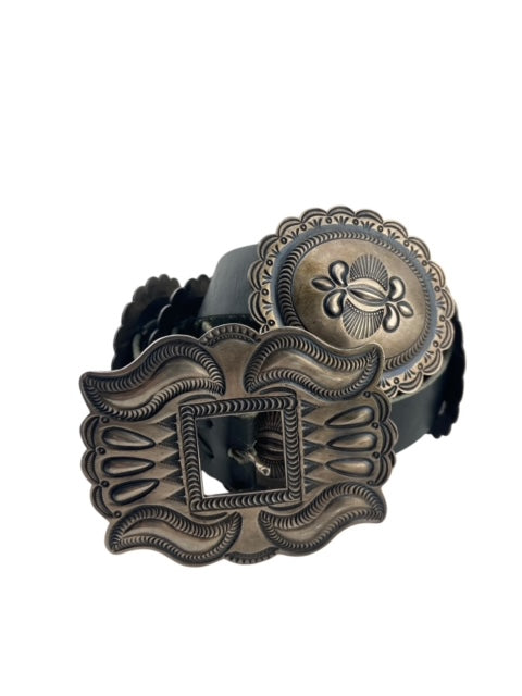 sterling silver, vintage navajo concho belt, leather, native american belt, jewelry store telluride, kirk smith, navajo jewelry for sale