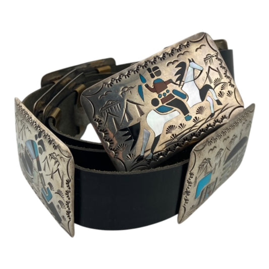 navajo concho belt, inlay belt, leather, native american, jewelry store telluride, navajo jewelry for sale