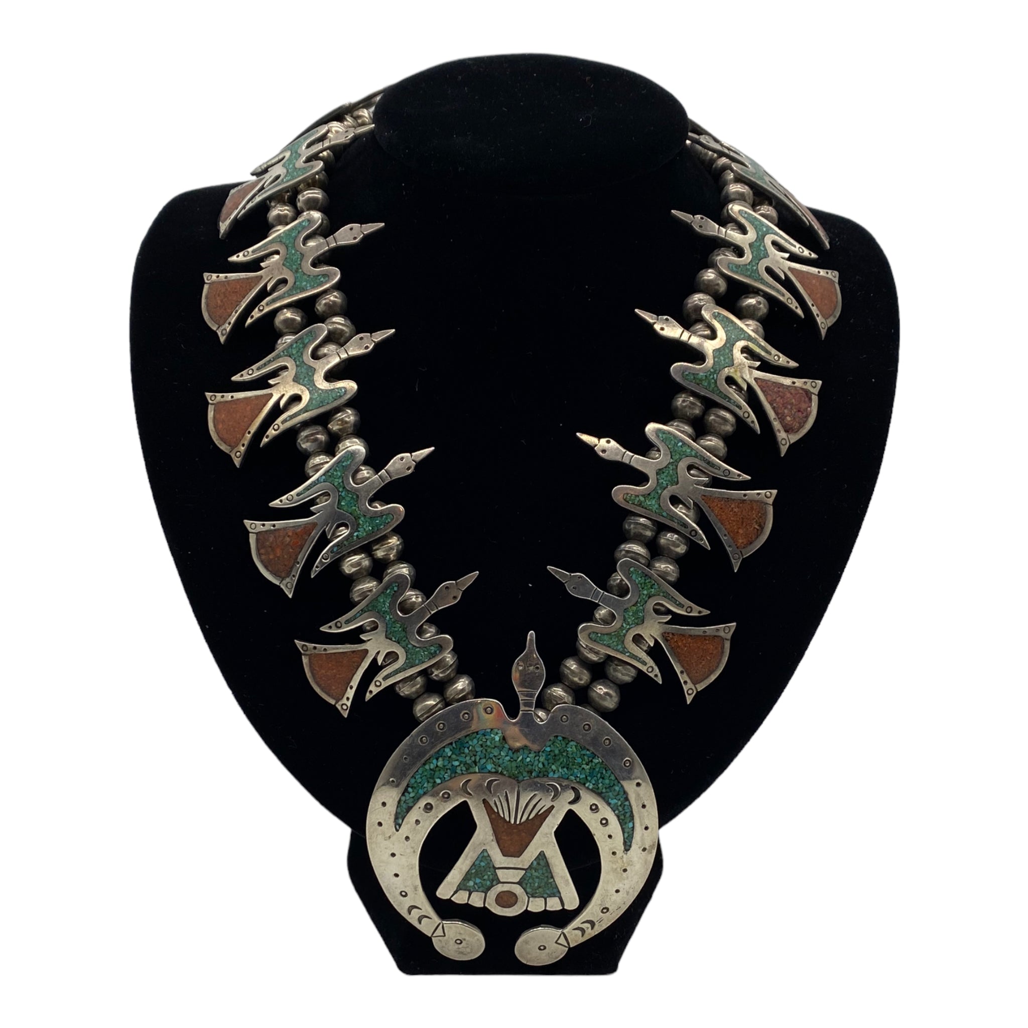 Chip Inlay Peyote Bird Squash Blossom Necklace