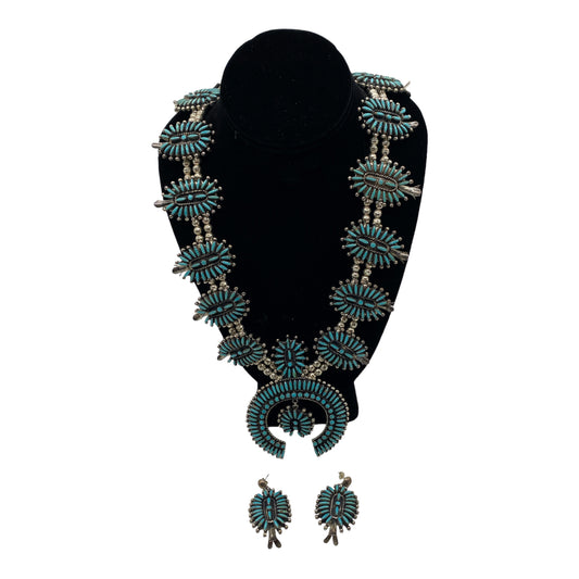 Vintage Zuni Needlepoint Squash Blossom and Earring Set