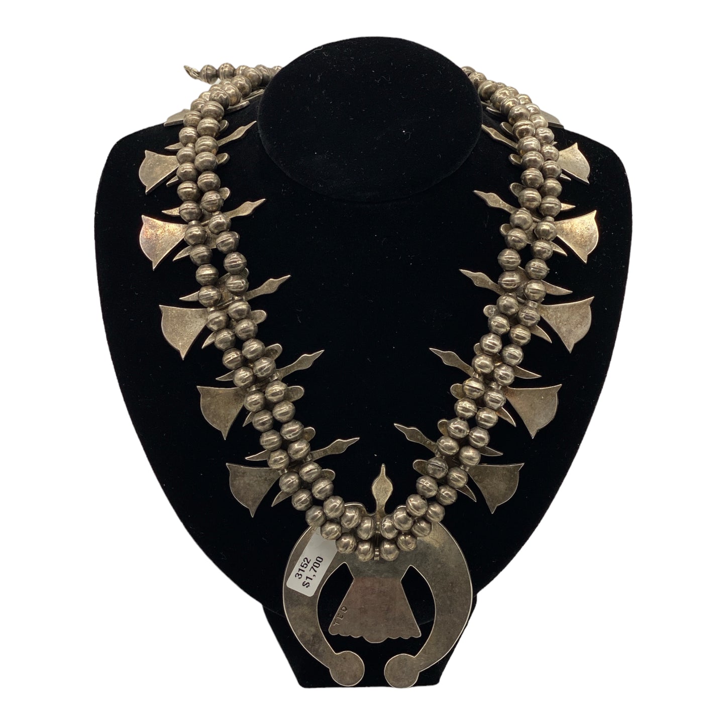 Chip Inlay Peyote Bird Squash Blossom Necklace