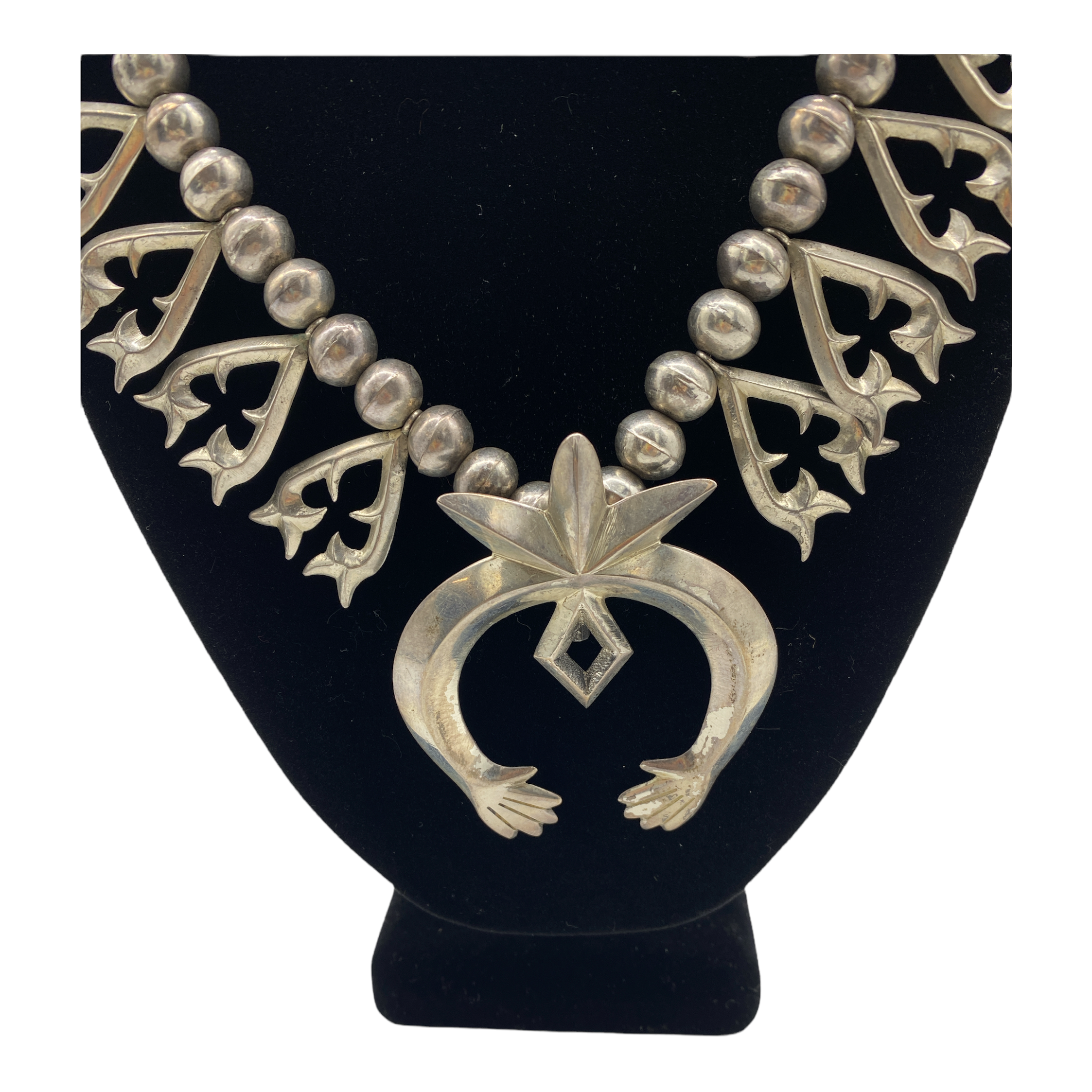 Vintage Navajo Tufa Cast "Heart" Squash Blossom Necklace