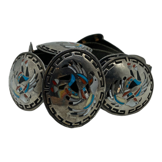 Inlay, sterling silver, vintage concho, eagle dancer, native american, jewelry store telluride, Harry Spencer, Navajo jewelry for sale