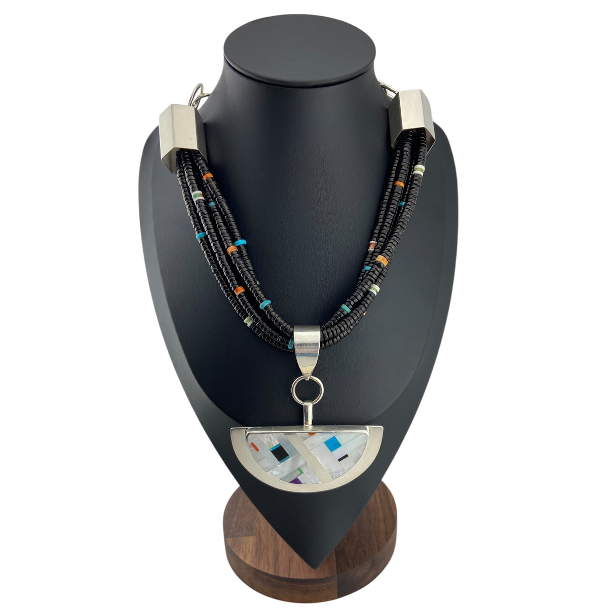 rodney coriz, jet, heishi beads, mother of pearl inlay