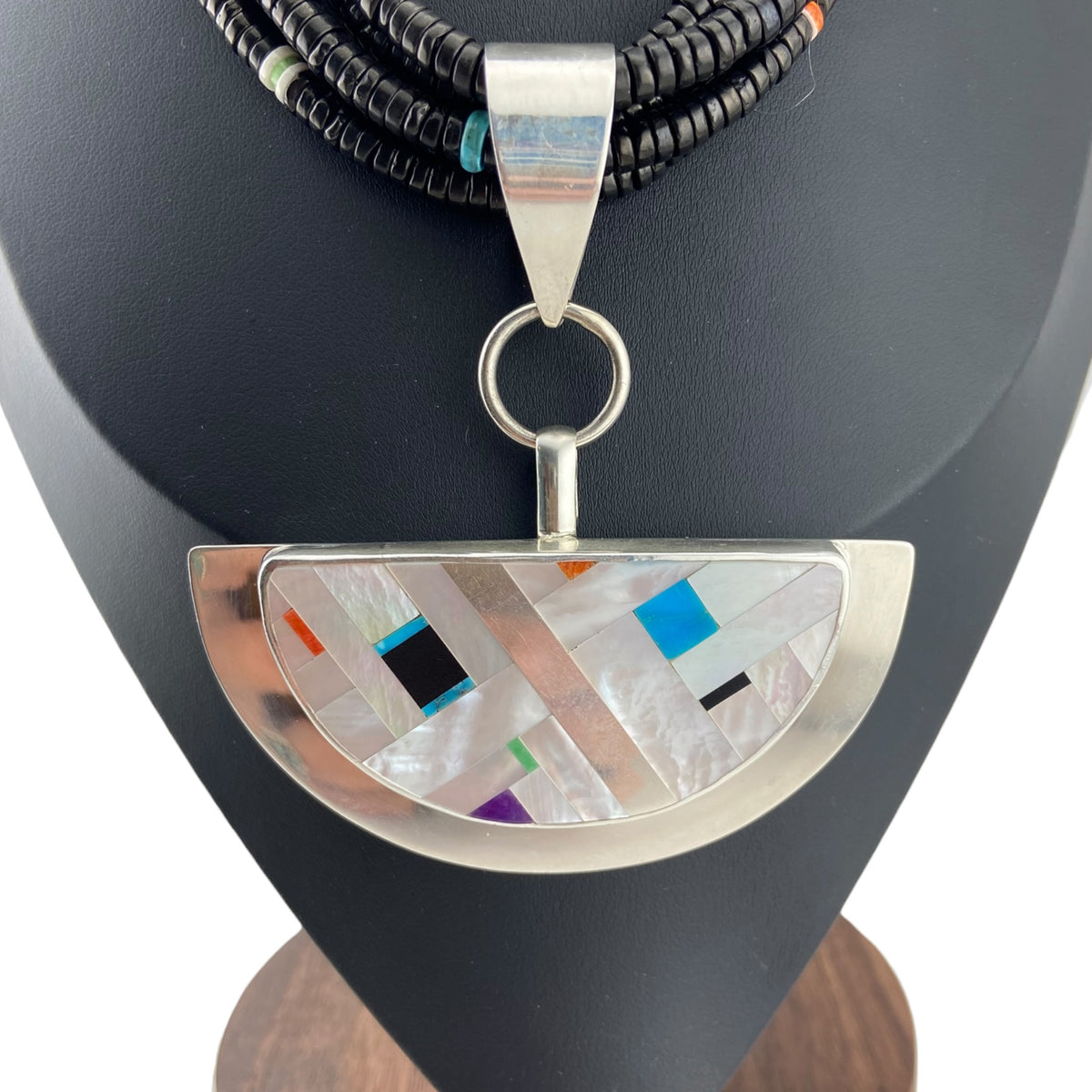Rodney Coriz Santo Domingo 5 Strand Black Jet Sterling Silver Chain with Mother of Pearl Inlay Pendant