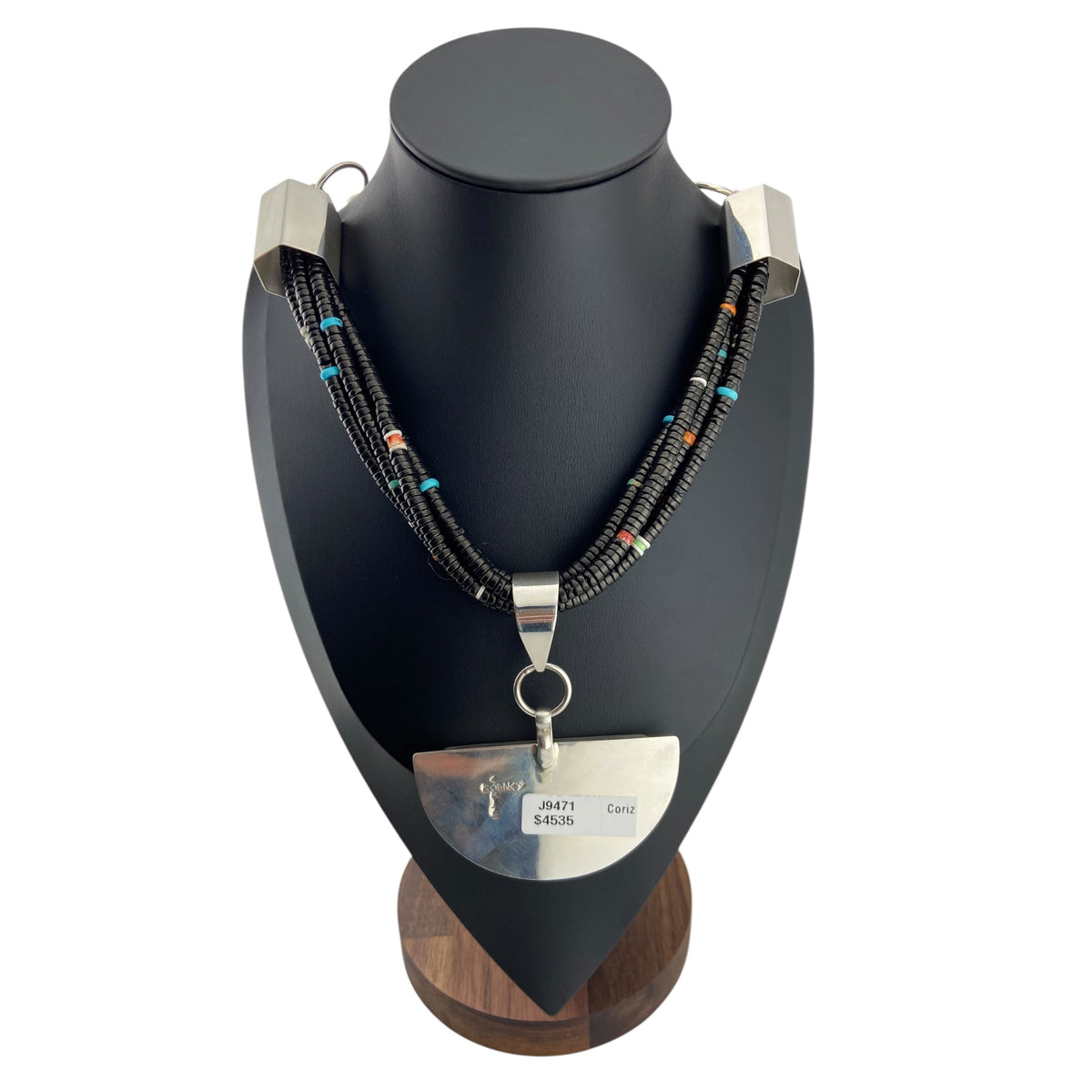 Rodney Coriz Santo Domingo 5 Strand Black Jet Sterling Silver Chain with Mother of Pearl Inlay Pendant