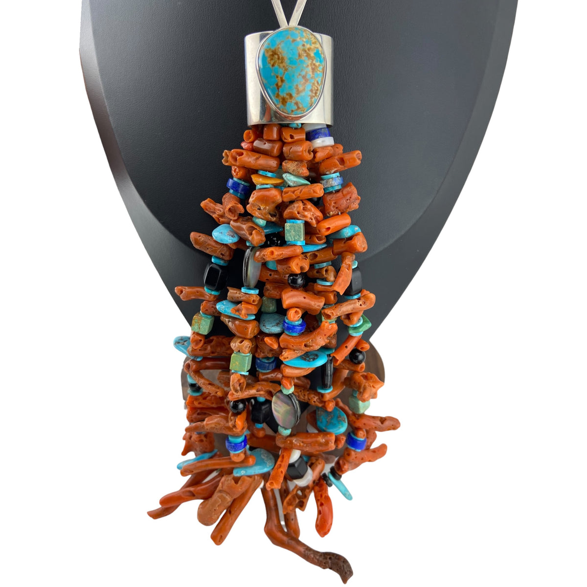 Rodney Coriz Santo Domingo 3 Strand Coral Treasure Necklace w/Turquoise on Leather