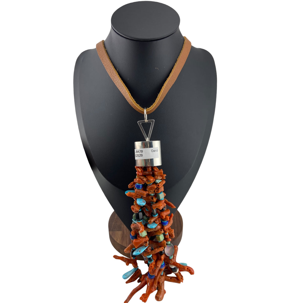 Rodney Coriz Santo Domingo 3 Strand Coral Treasure Necklace w/Turquoise on Leather