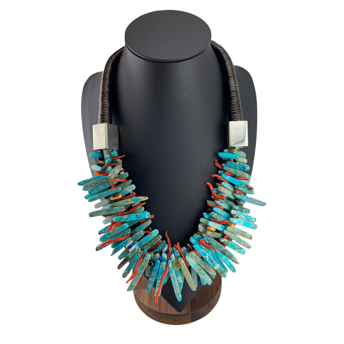 turquoise, jet, necklace, sterling silver, coral, rodney coriz, kewa