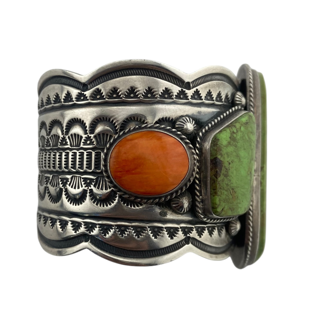 Darrell Cadman Large Gaspite and Spiny Oyster Sterling Silver Stamped Navajo Bracelet