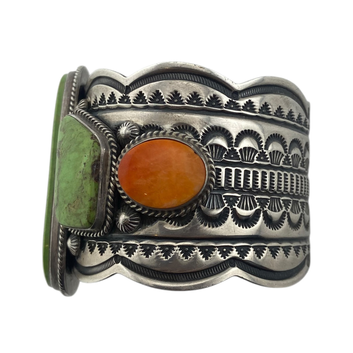 Darrell Cadman Large Gaspite and Spiny Oyster Sterling Silver Stamped Navajo Bracelet