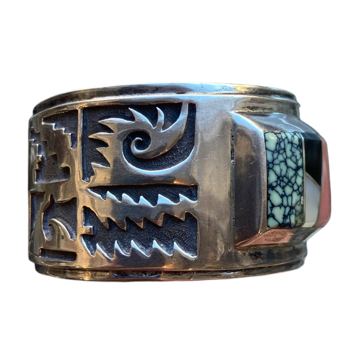 Frank Carillo "FC Laguna" Multi Stone Boulder Opal, Turquoise, Malachite, Coral, Lapis, MOP, Onyx  Inlay Bracelet w/Overlay Design