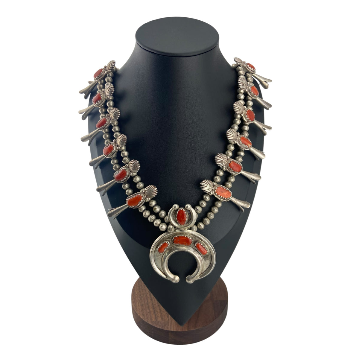 vintage squash blossom, coral, sterling silver, navajo