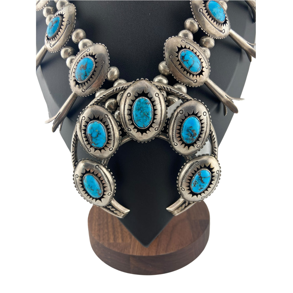 Vintage Navajo Sterling Silver and Turquoise Shadowbox Squash Blossom Necklace
