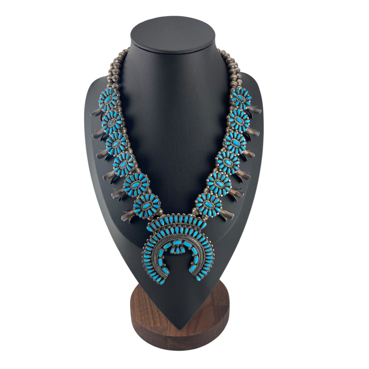 Sleeping beauty turquoise, sterling silver, navajo pearls, petit-point, squash blossom