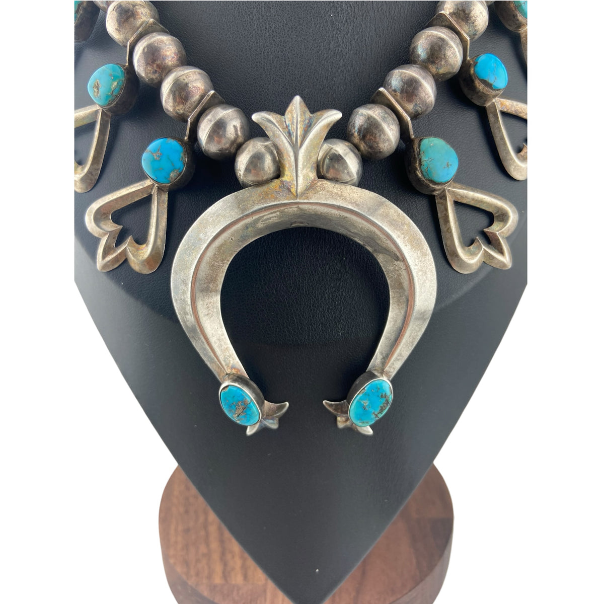Vintage Navajo Tufa Cast Sterling Silver and Turquoise Squash Blossom Style Necklace