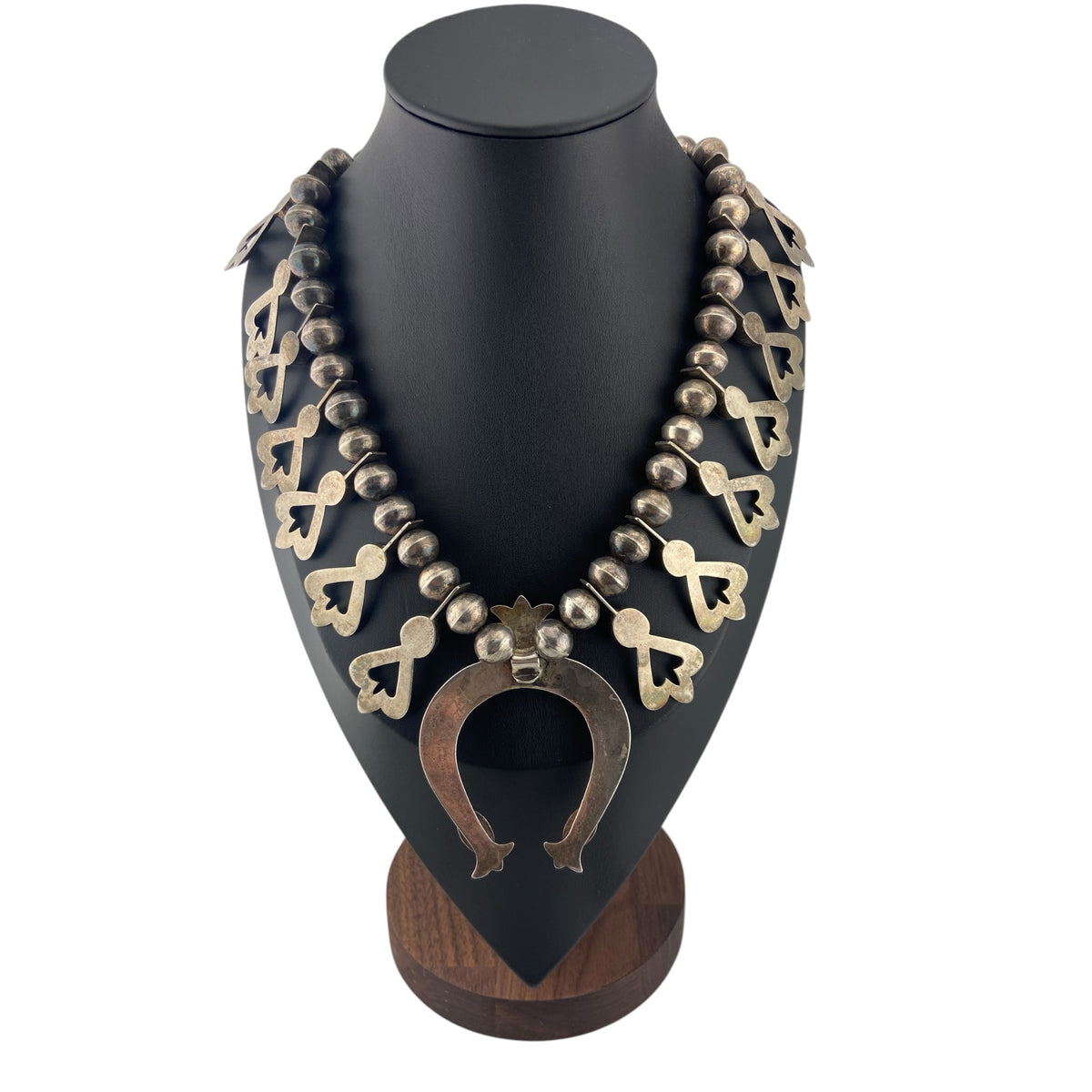 Vintage Navajo Tufa Cast Sterling Silver and Turquoise Squash Blossom Style Necklace