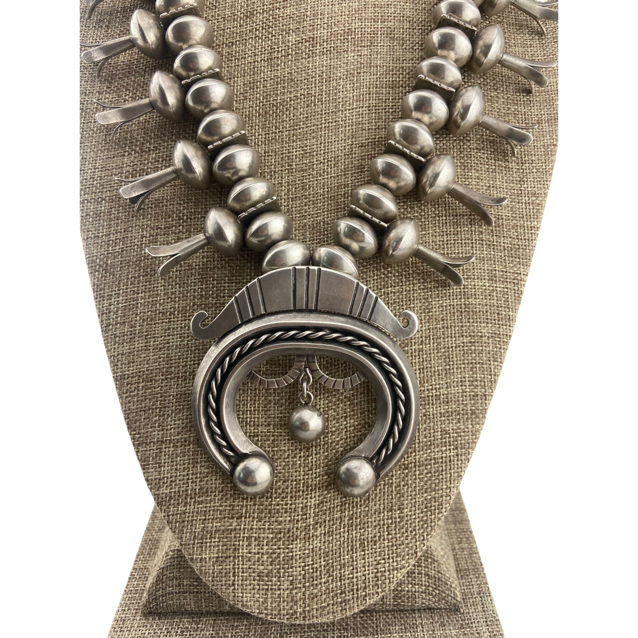 Navajo Etsitty-Tsosie (Eskiesosie) 4 Petal Blossom Squash Blossom Necklace Circa 1920-30's
