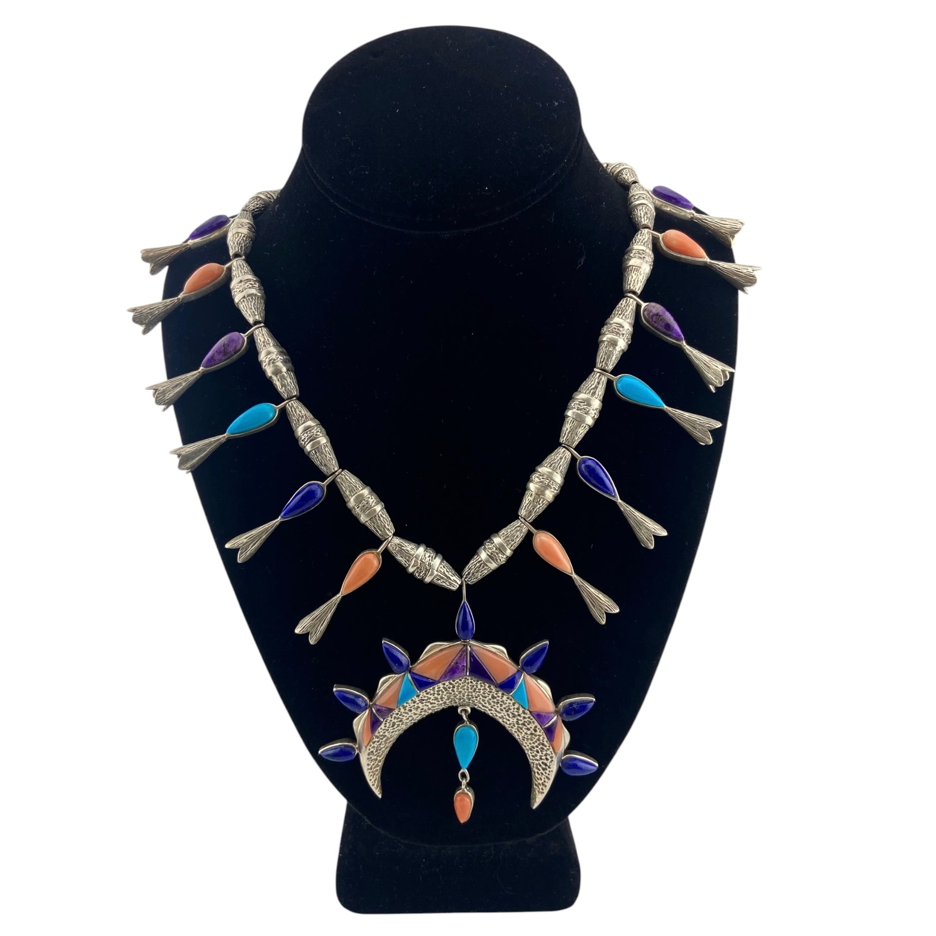 Ray Chas Coral, Lapis, Turquoise, Sugilite Barrel Beaded Squash Blossom