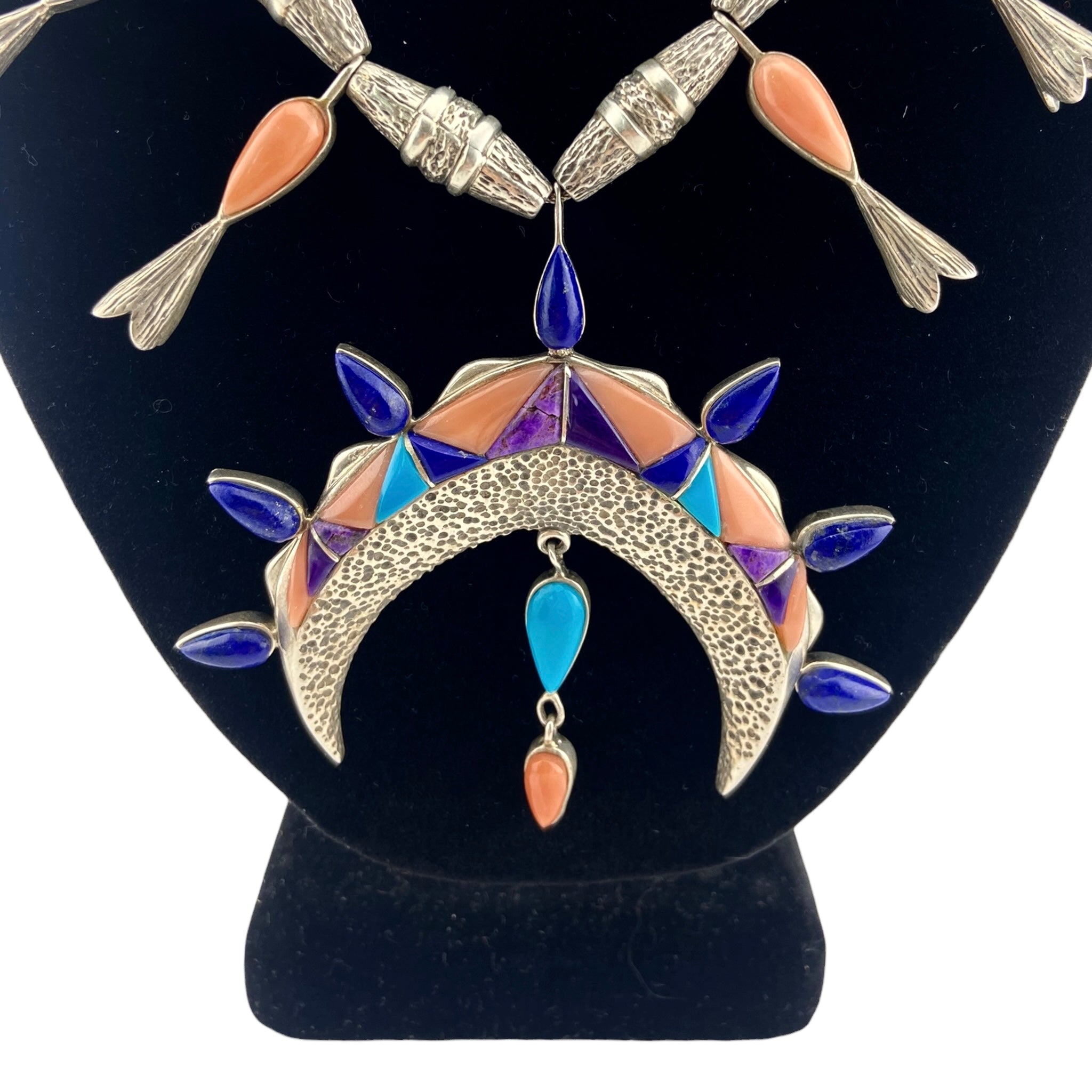 Ray Chas Coral, Lapis, Turquoise, Sugilite Barrel Beaded Squash Blossom