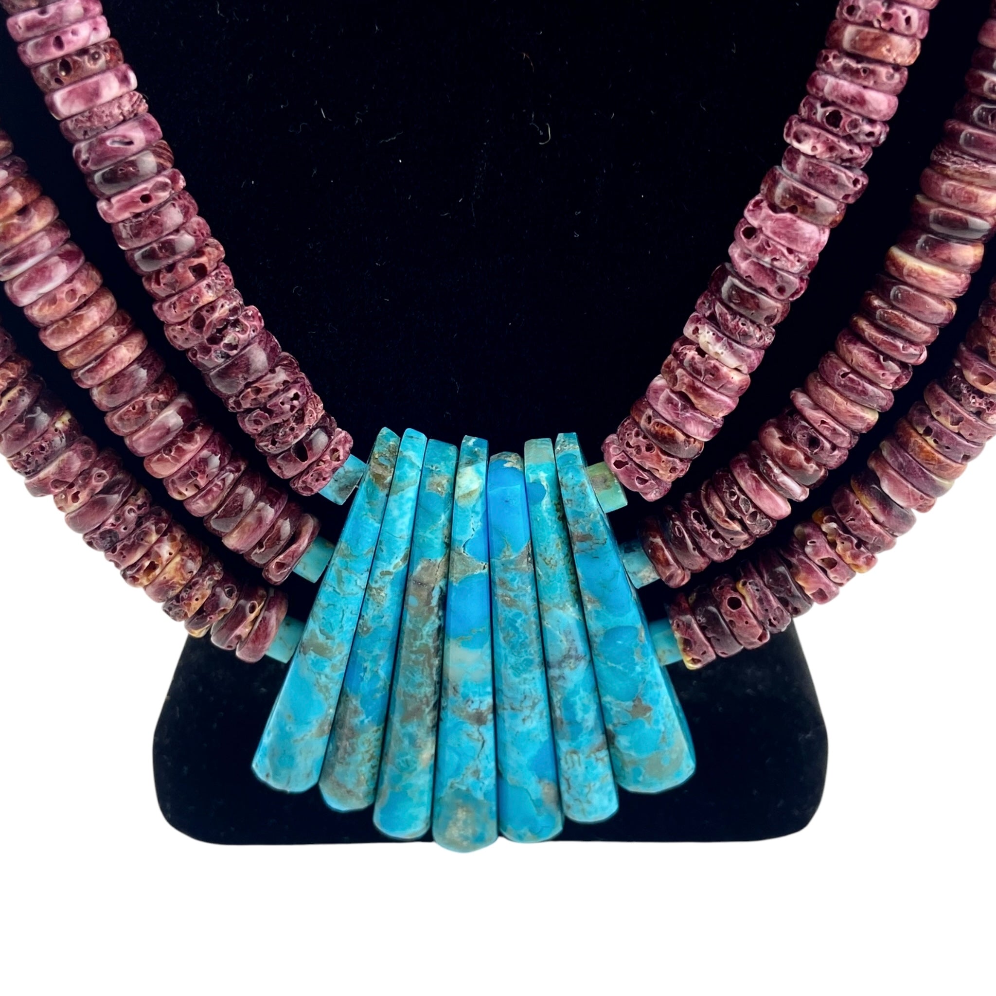 Lupe Lovato Large Spiny Oyster Rounded Beaded Necklace w/Kingman Turquoise Corn & Slabs