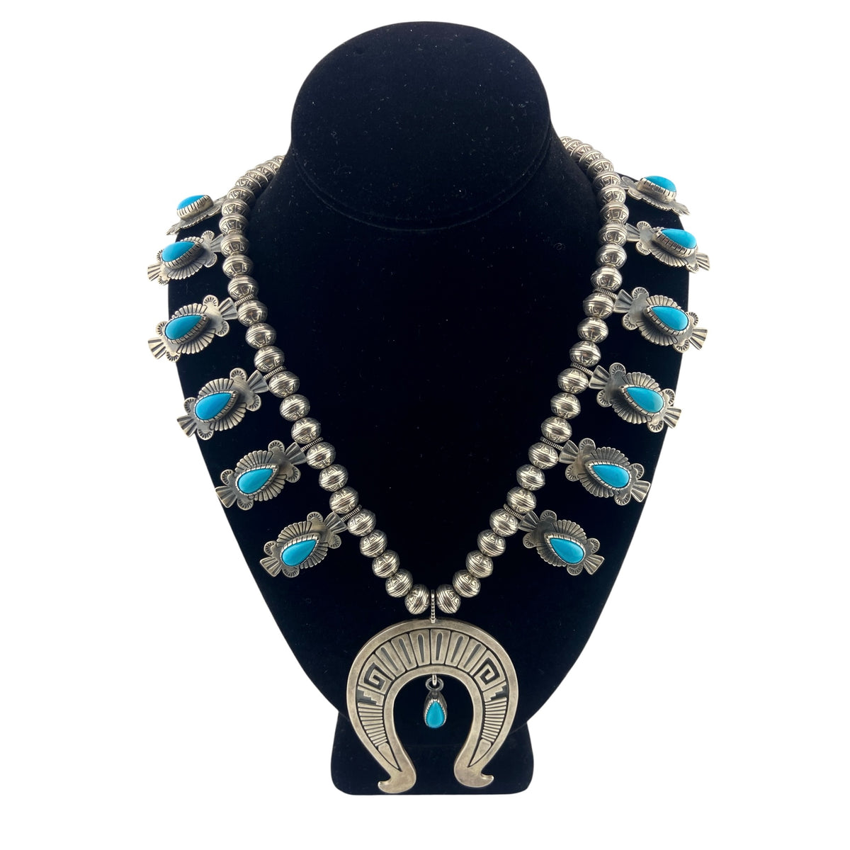 Ernest Thomas Bilagody Sr. Sterling Silver & Turquoise Squash Blossom Necklace