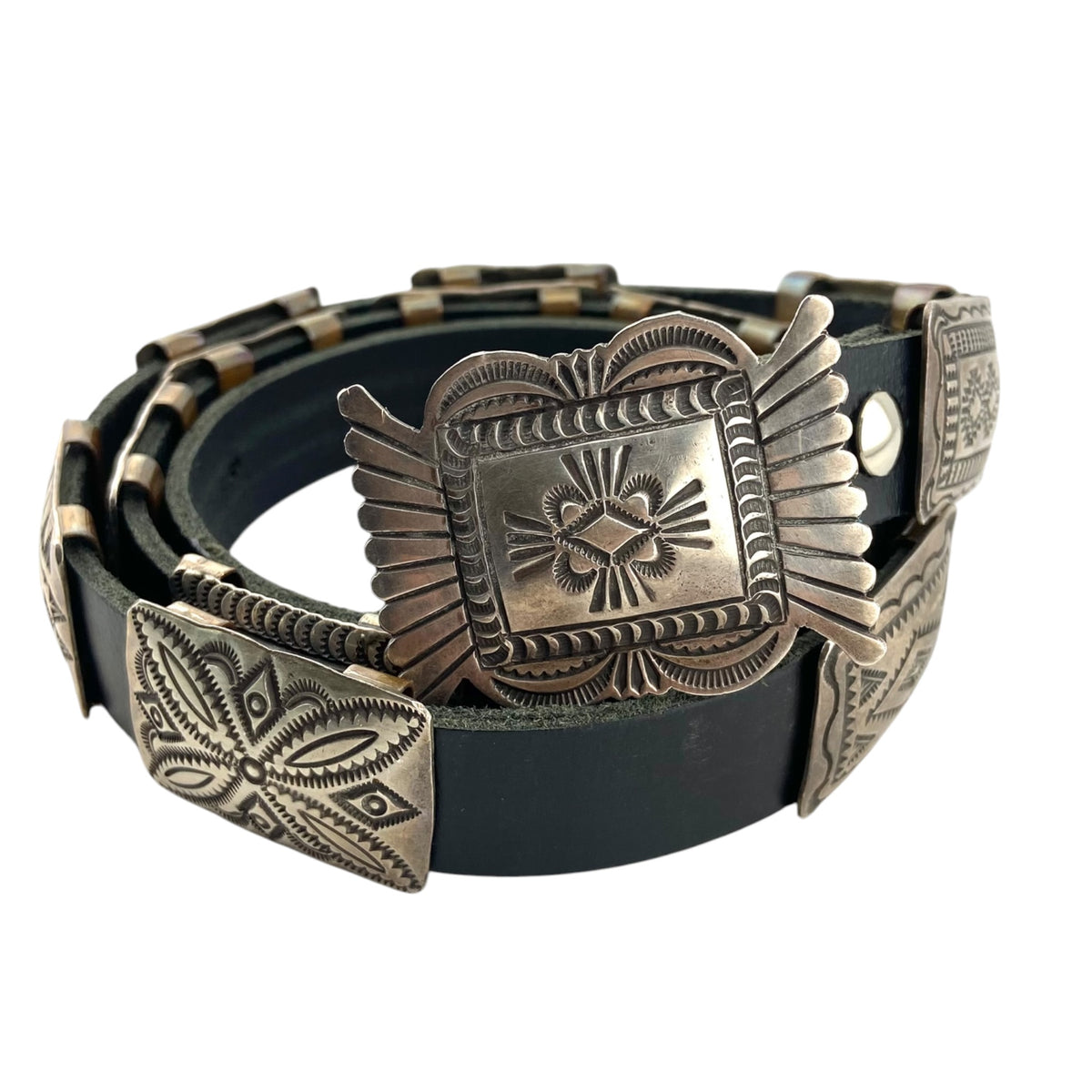 concho belt, sterling silver, leather belt, vincent platero, navajo
