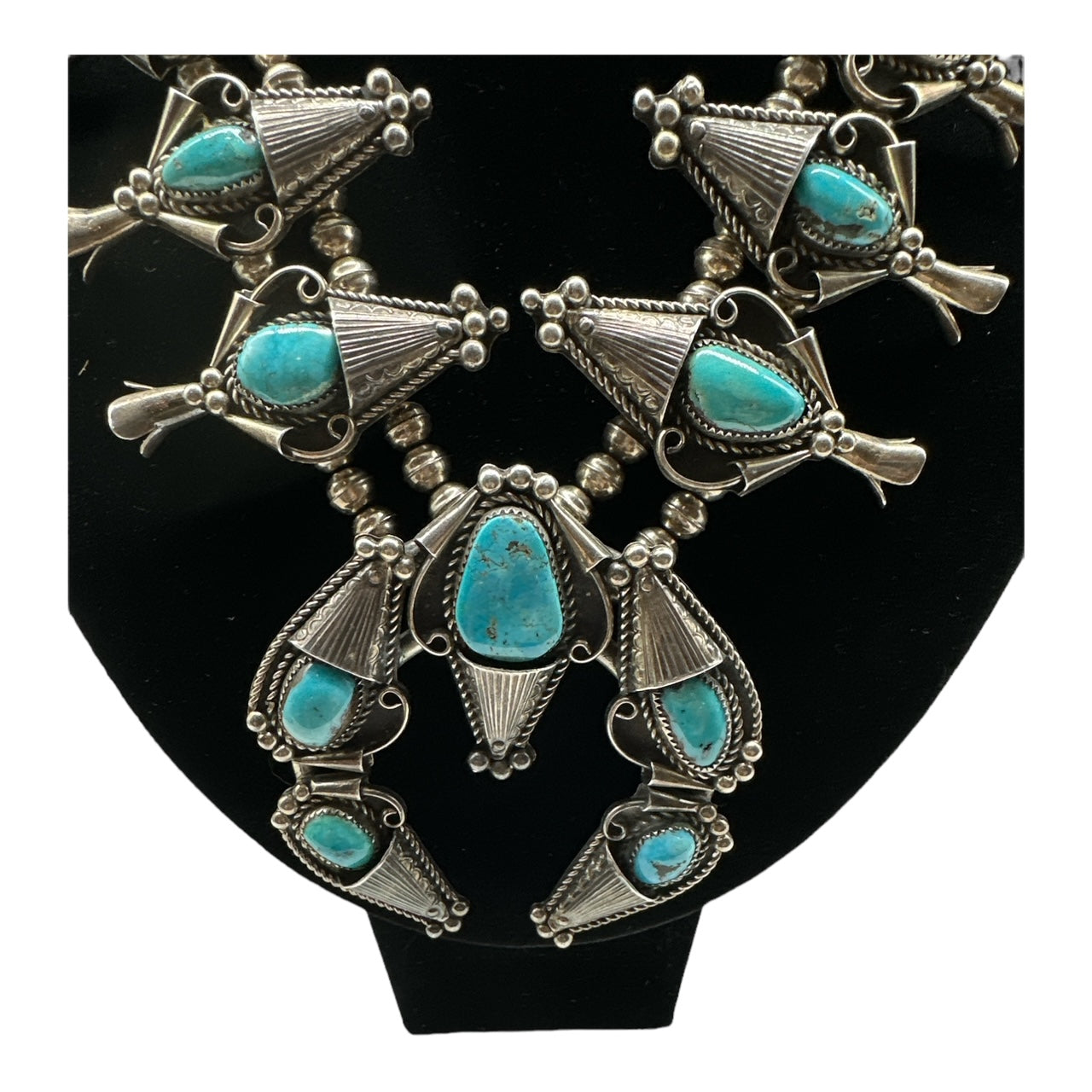 Vintage Navajo Blue Gem squash blossom for sale, native american jewelry for sale, Navajo squash blossom, telluride co jewelry store 