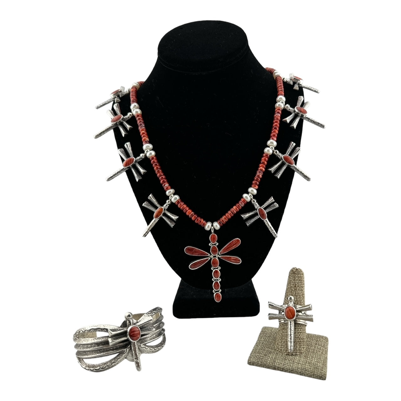 Gary Custer Tufa Cast Dragonfly Sterling Silver and Spiny Oyster Necklace, Bracelet and Ring, navajo jewelry for sale, sterling silver jewelry, spiny oyster jewelry, telluride jewelry store, telluride gallery, telluride gift shop 