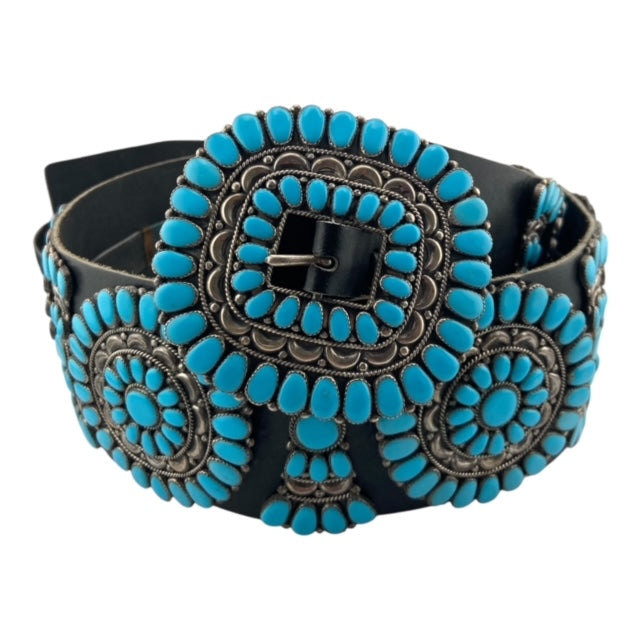 turquoise cluster. navajo vintage concho belt, leather, telluride jewelry store