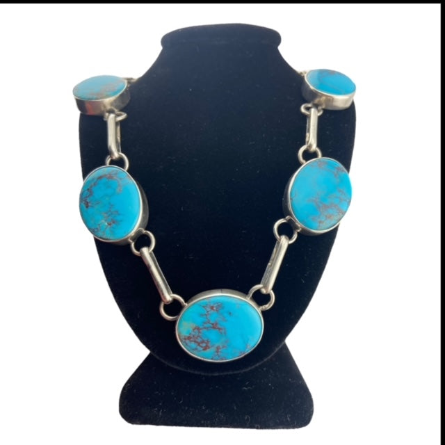 Mary and Everett Teller: 5 Piece Kingman Turquoise Link Navajo Necklace