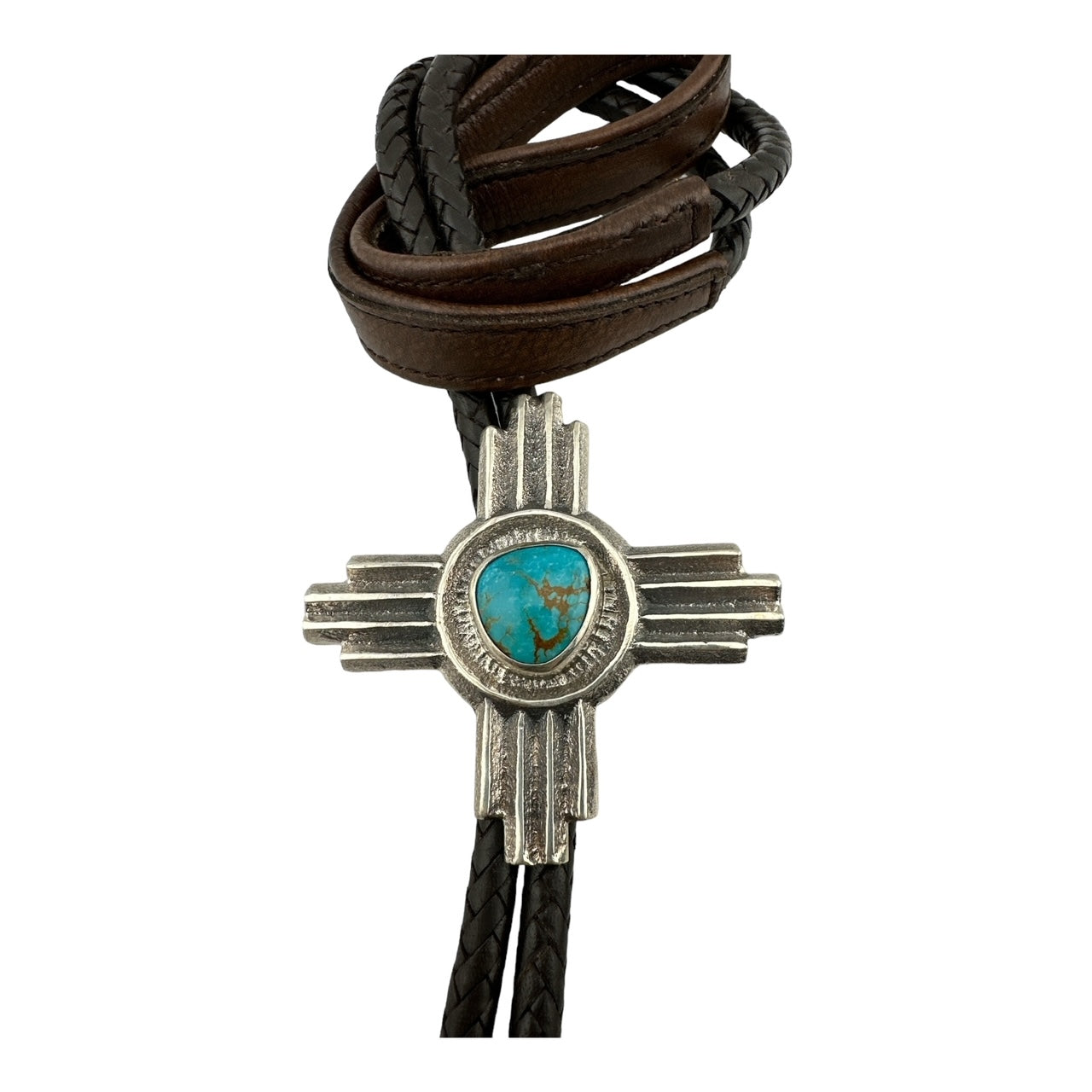 Gary Custer Tufa Cast Zia Bolo Tie with Kingman Turquoise, navajo jewelry for sale, sterling silver jewelry for sale, Telluride jewelry store, telluride gift shop, telluride gallery