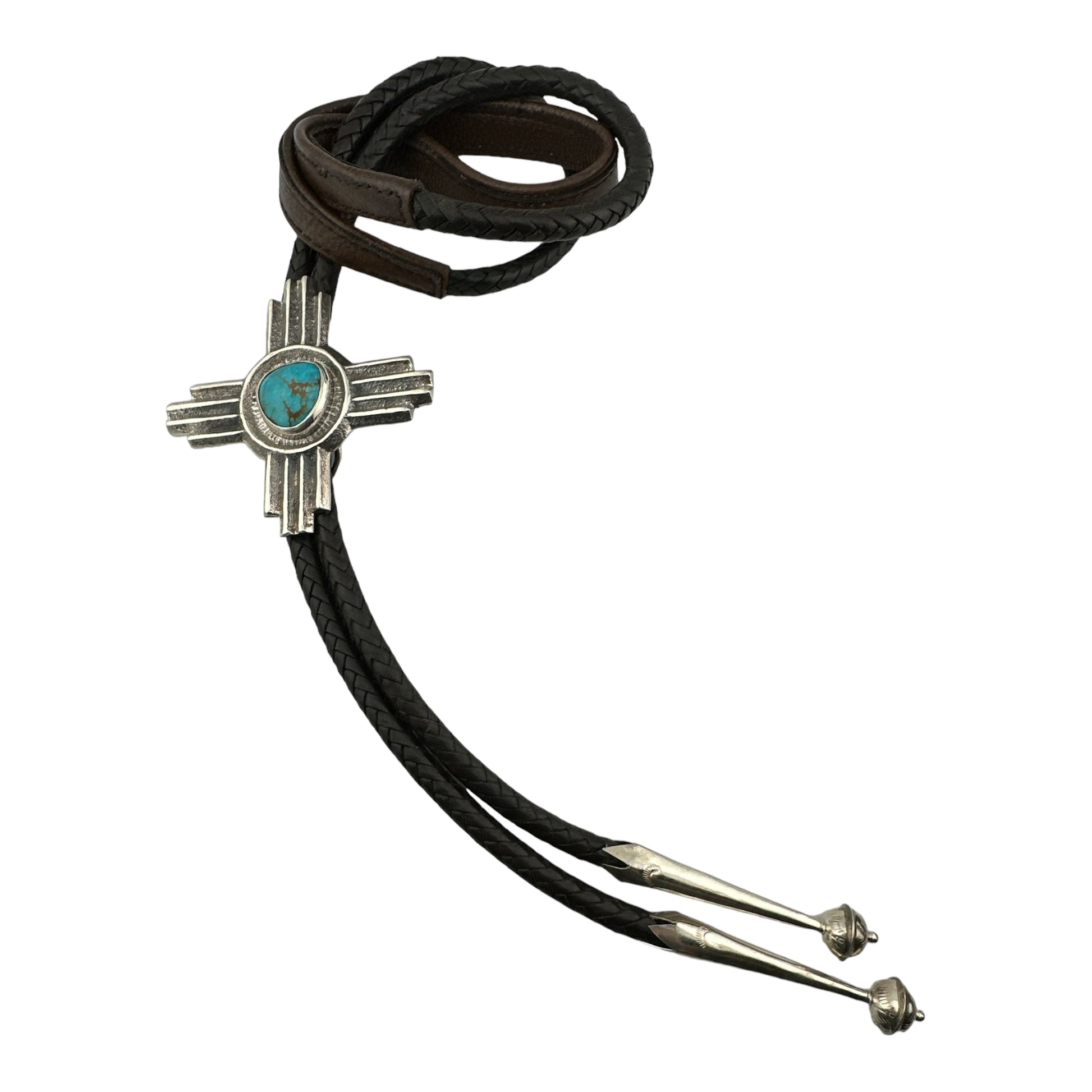 Gary Custer Tufa Cast Zia Bolo Tie with Kingman Turquoise, navajo jewelry for sale, sterling silver jewelry for sale, Telluride jewelry store, telluride gift shop, telluride gallery