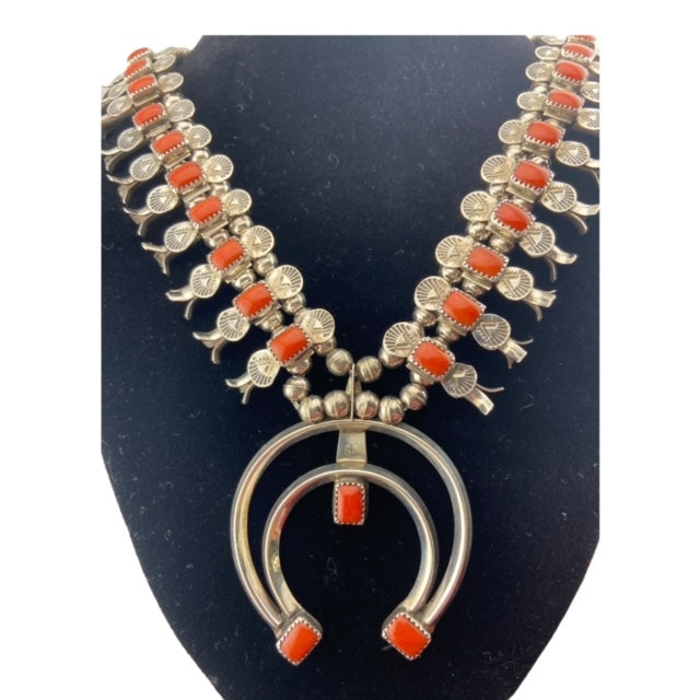 Dolores Smallcanyon Jewelry, coral squash blossom necklance, navajo squash blossom, navajo jewelry for sale, telluride jewelry store, telluride gallery